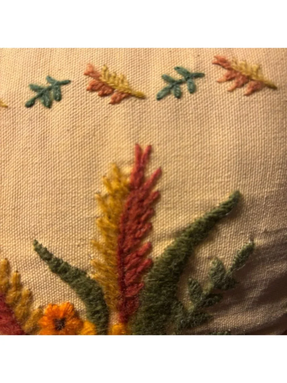 Vintage Handmade Crewel Embroidered Floral Pillow With Yellow & Rust Tones 12
